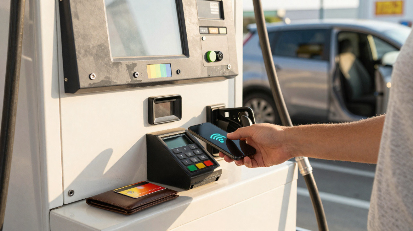 Person making contactless payment with smartphone at a petrol station fuel pump terminal.