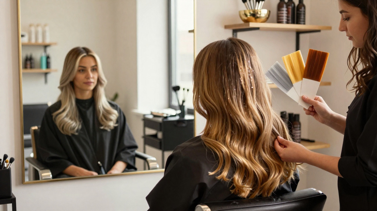 Hairdresser showing colour swatches to a seated woman with long wavy blonde hair in a salon.