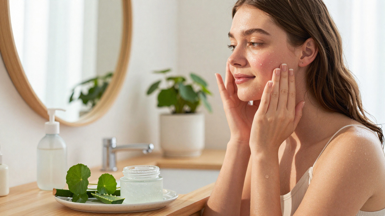 Young woman applying gel skincare on her face in a bright bathroom with plants and mirror.