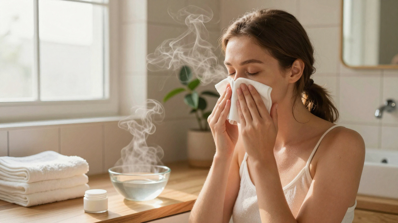 Woman using steam inhalation therapy in bathroom with a bowl of hot water and tissues.