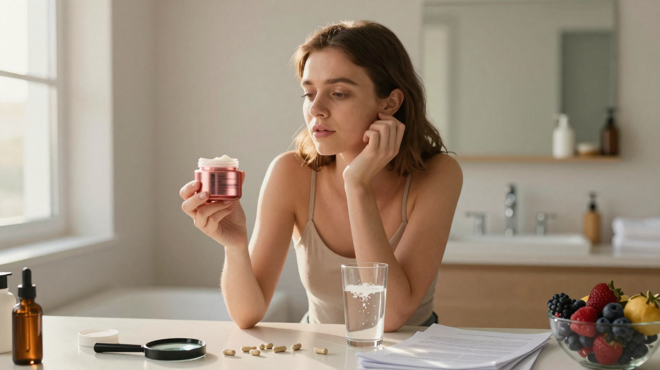 Woman sitting at a table holding a jar of cream, surrounded by supplements, a glass of water, and a bowl of fruit.
