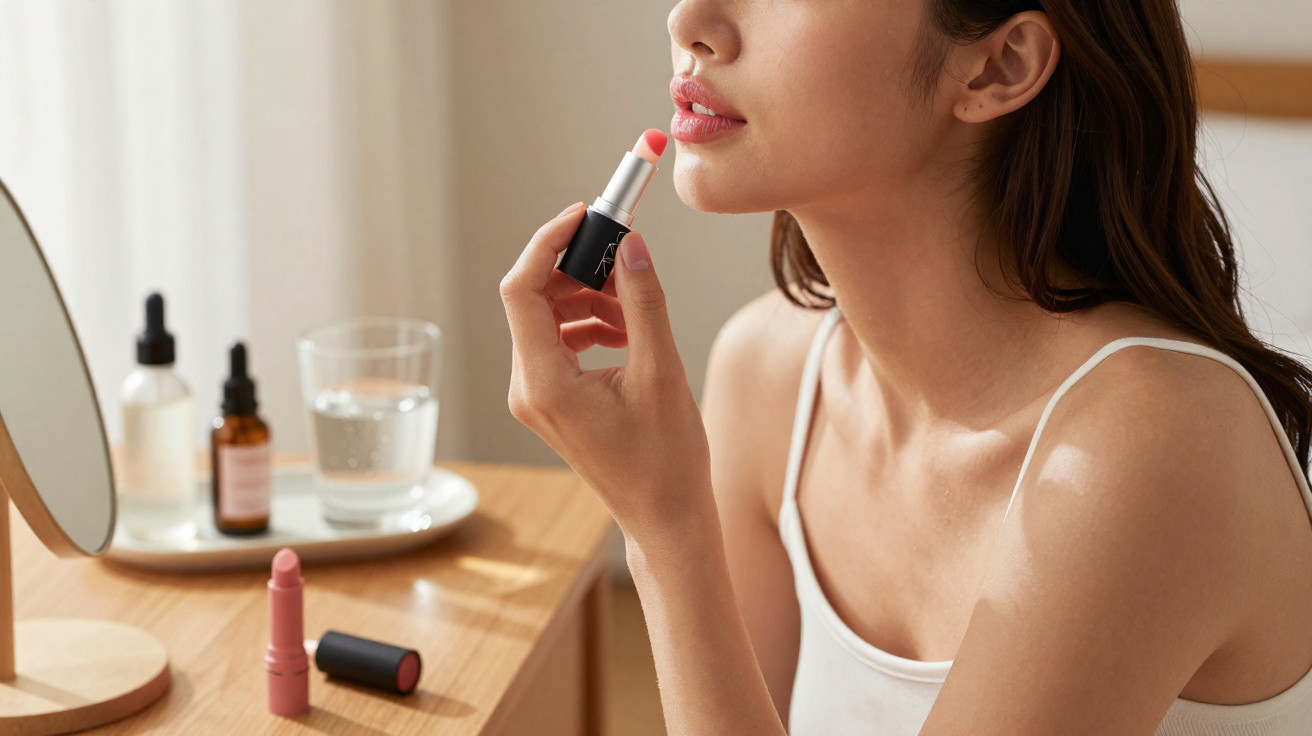 Woman holding pink lipstick near her lips at a wooden dressing table with skincare bottles and a glass of water