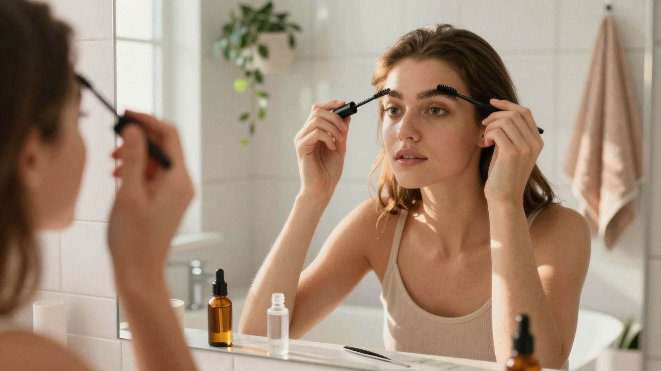 Young woman grooming her eyebrows with a mascara brush while looking in a bathroom mirror.