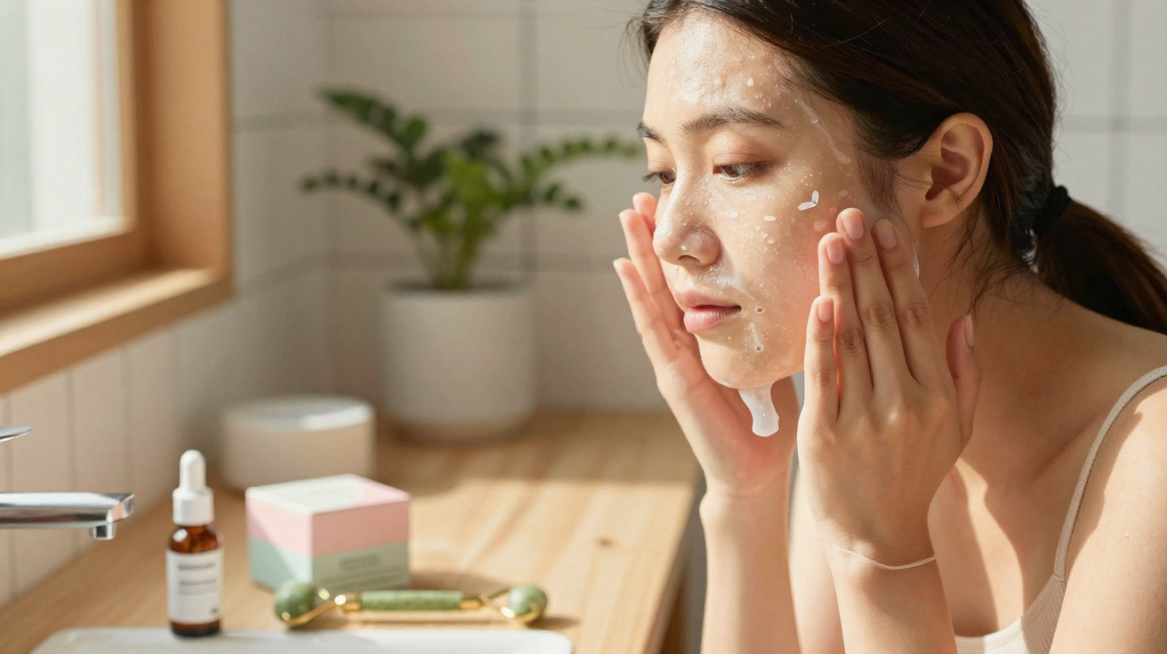 Woman gently applying skincare cream to her face in a bright, wooden bathroom setting.