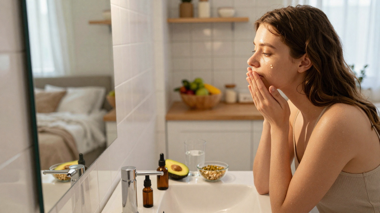 Young woman applying skincare cream on her face standing at a bathroom sink in natural light.