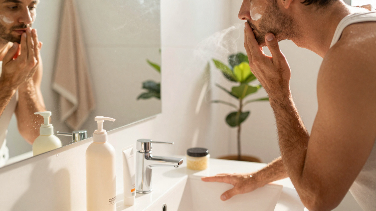 Man in white vest washing his face with foam in a bright bathroom with plants and toiletries on the sink.