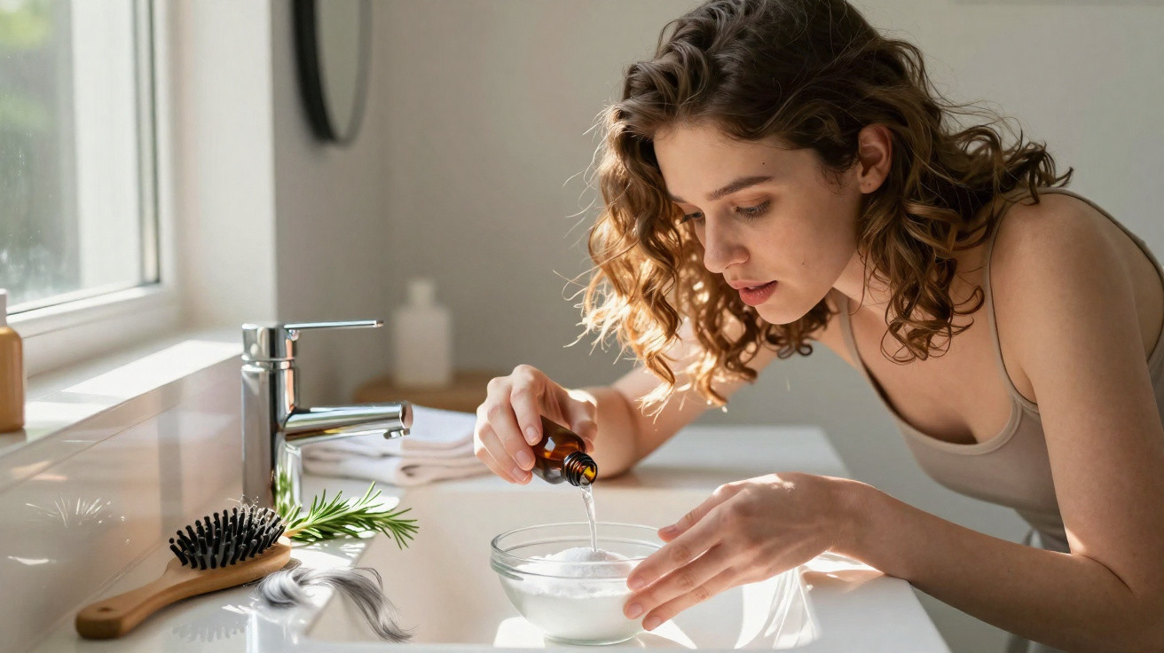 Young woman with curly hair pouring liquid from a brown bottle into a bowl in a bright bathroom.