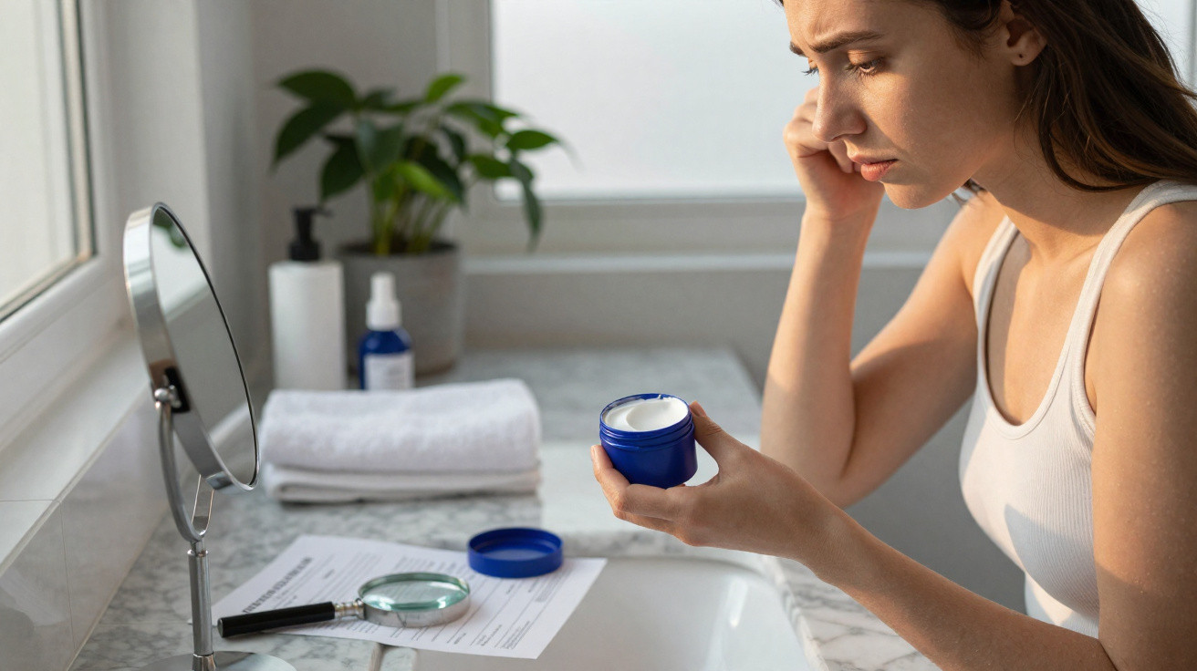 Woman examining face cream jar in bathroom with mirror, magnifying glass, and skincare products nearby.
