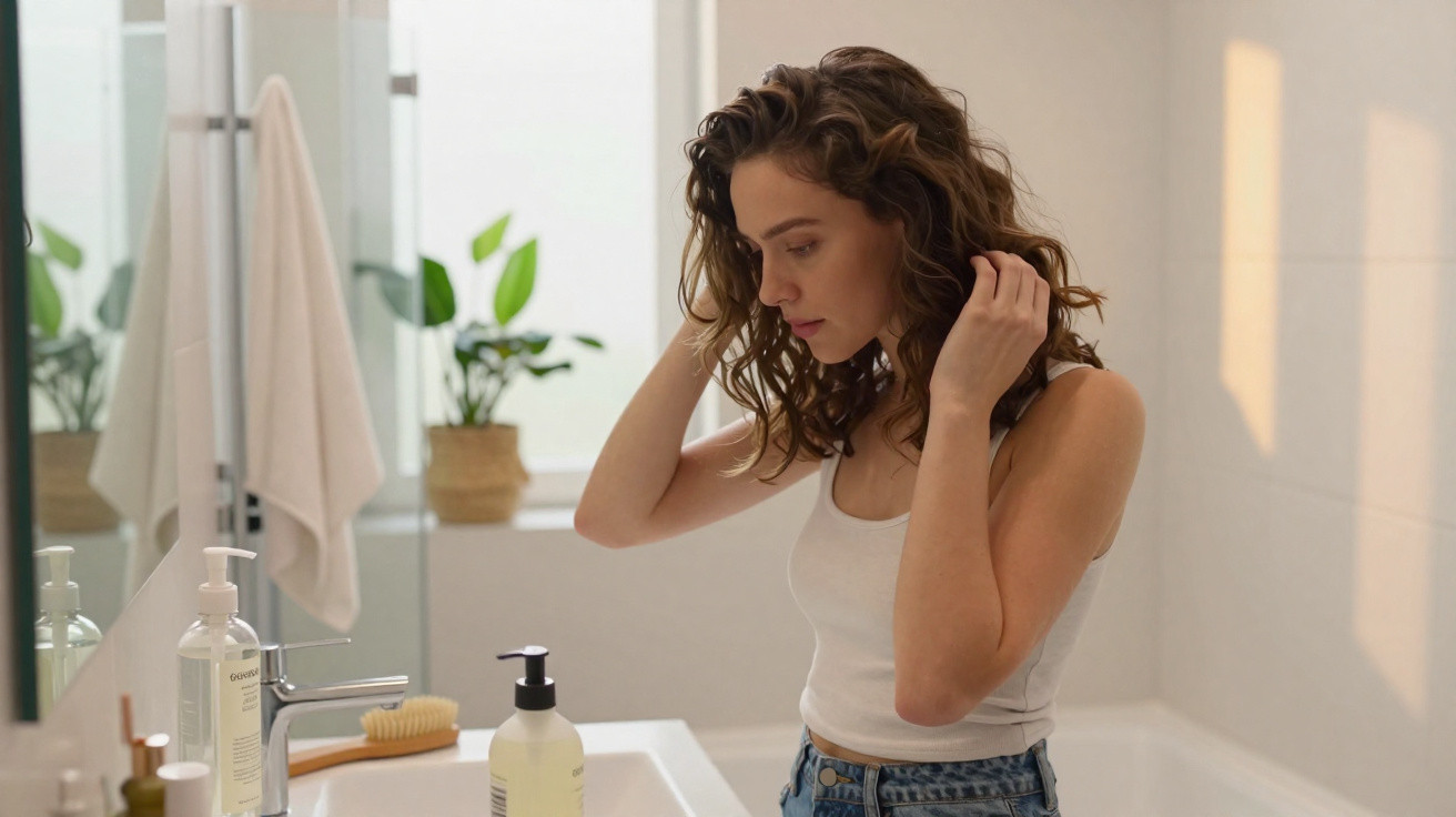 Young woman adjusting her hair while standing in a bright bathroom near a sink with toiletries.
