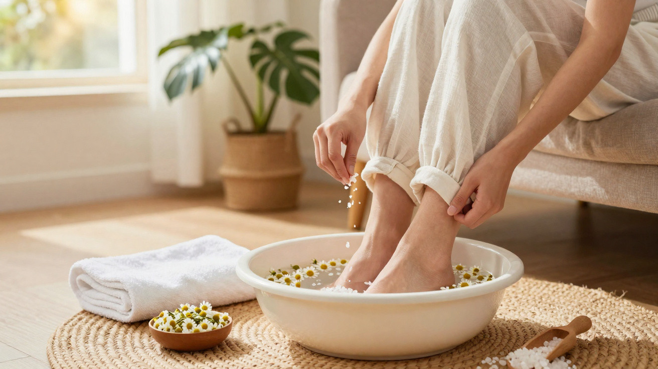 Person soaking feet with chamomile flowers in a bowl, next to towel and bath salts in a calm room.