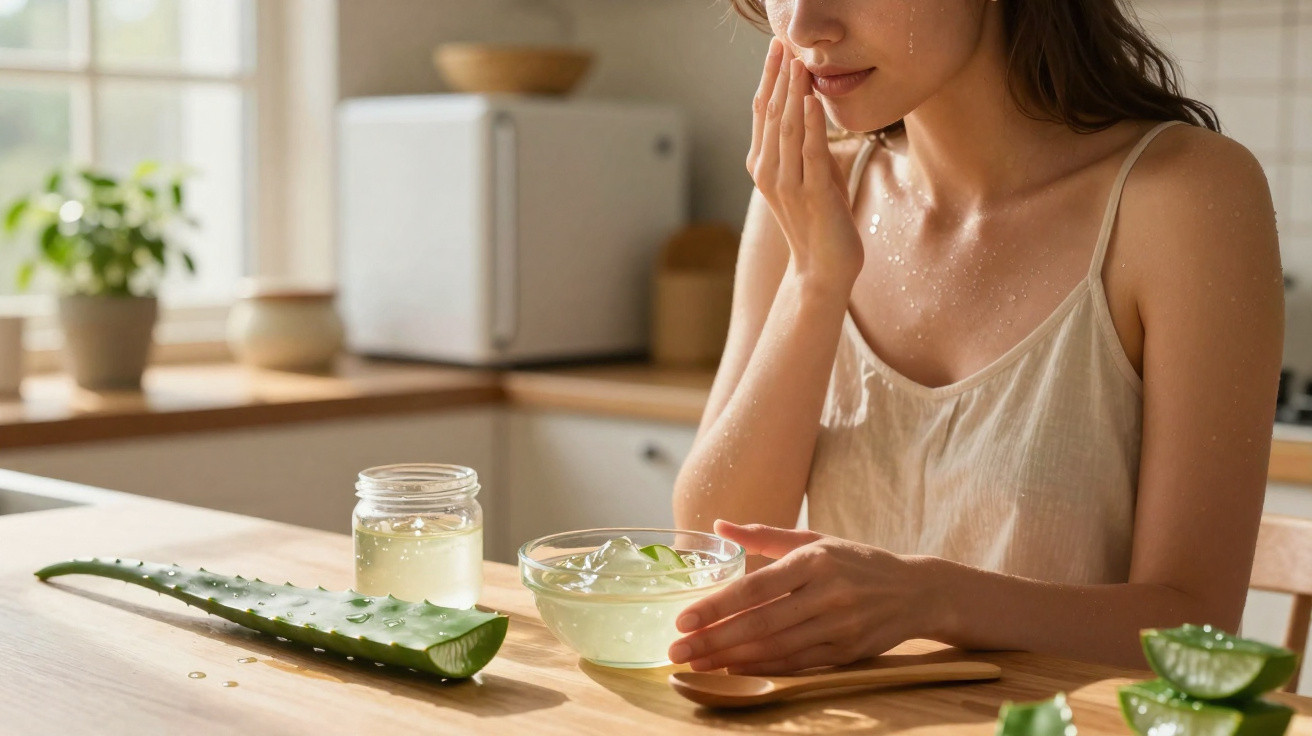 Woman applying aloe vera gel on face, sitting at a wooden table with aloe leaf and bowl of gel.