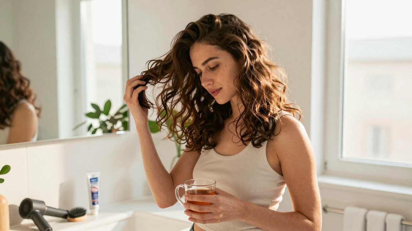 Young woman with curly hair holding a cup of tea in a bright bathroom, standing by the sink and mirror.
