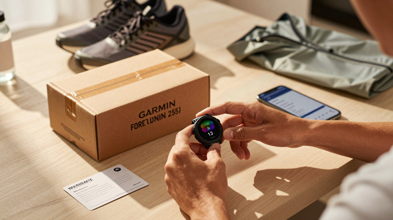 Person holding a Garmin Foretunnin 255J smartwatch next to its box, sneakers, and smartphone on a wooden table.