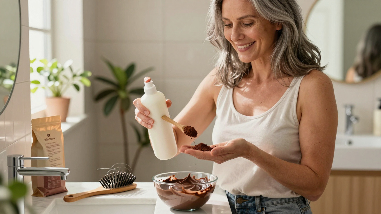 Woman smiling as she mixes a powder with liquid in a bathroom, with a bowl of chocolate cream nearby.