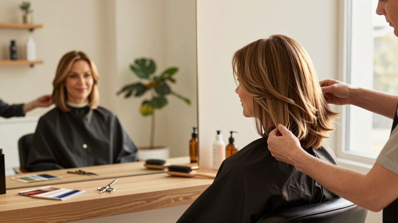 Woman getting a haircut in a salon with a stylist arranging her shoulder-length blonde hair.