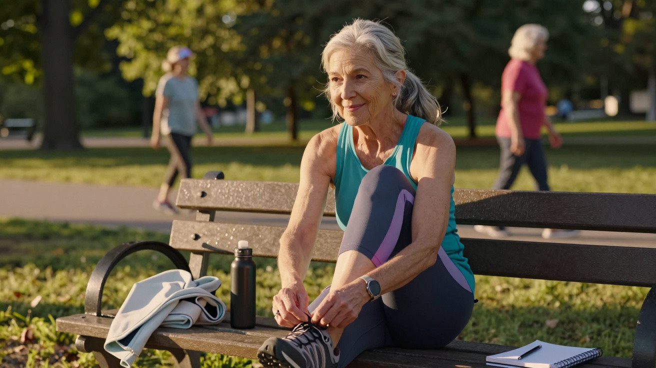 Older woman in sportswear tying shoelaces on a park bench with a water bottle and notebook beside her.