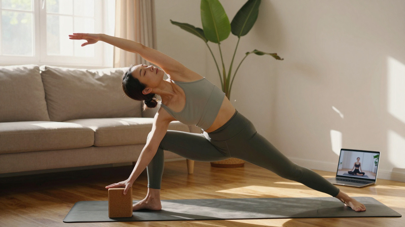 Woman practising yoga using a block on a mat in a bright living room with a laptop nearby.