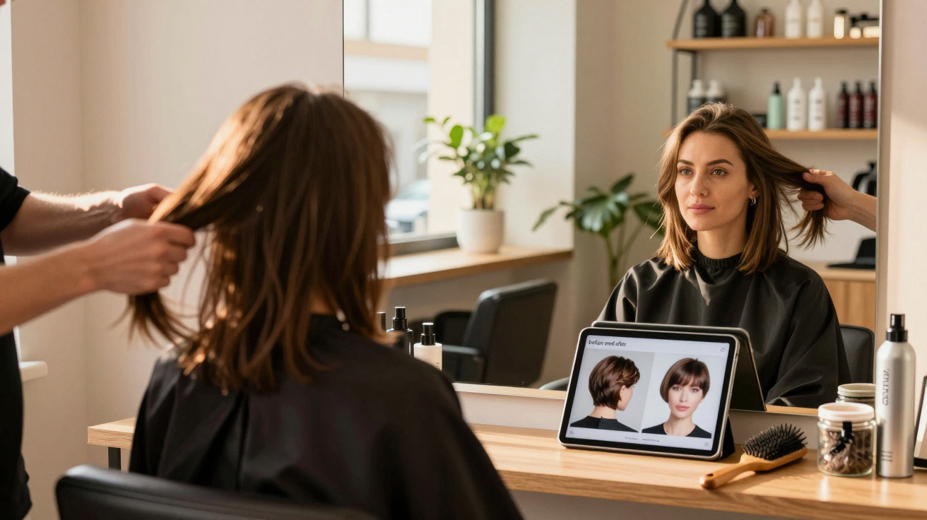 Woman at hair salon looking at tablet showing hairstyle options while stylist holds her hair.