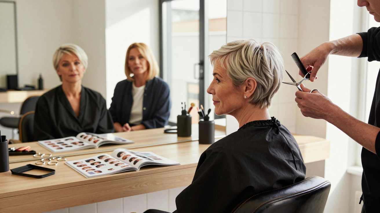 Woman with short grey hair getting a haircut in a salon with a hairstyle catalogue on the table.