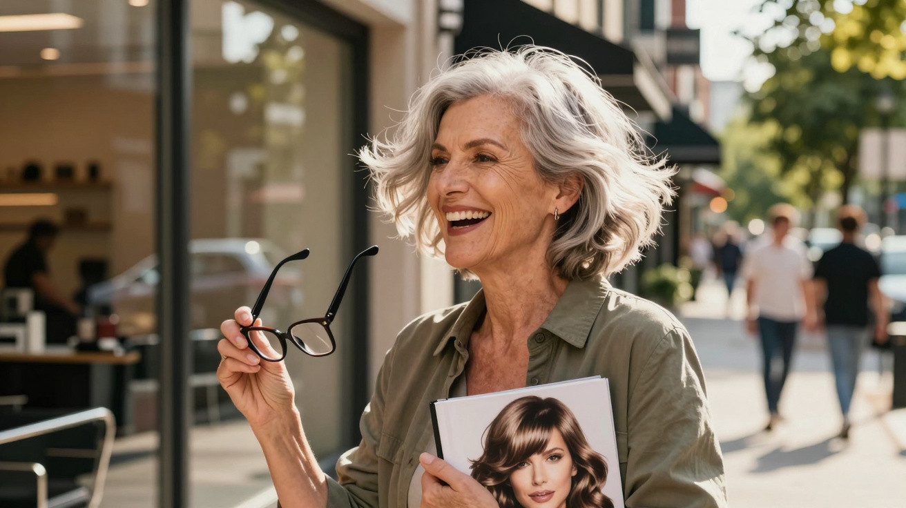 Smiling mature woman with grey hair holding glasses and a hair catalogue on a sunny urban street.
