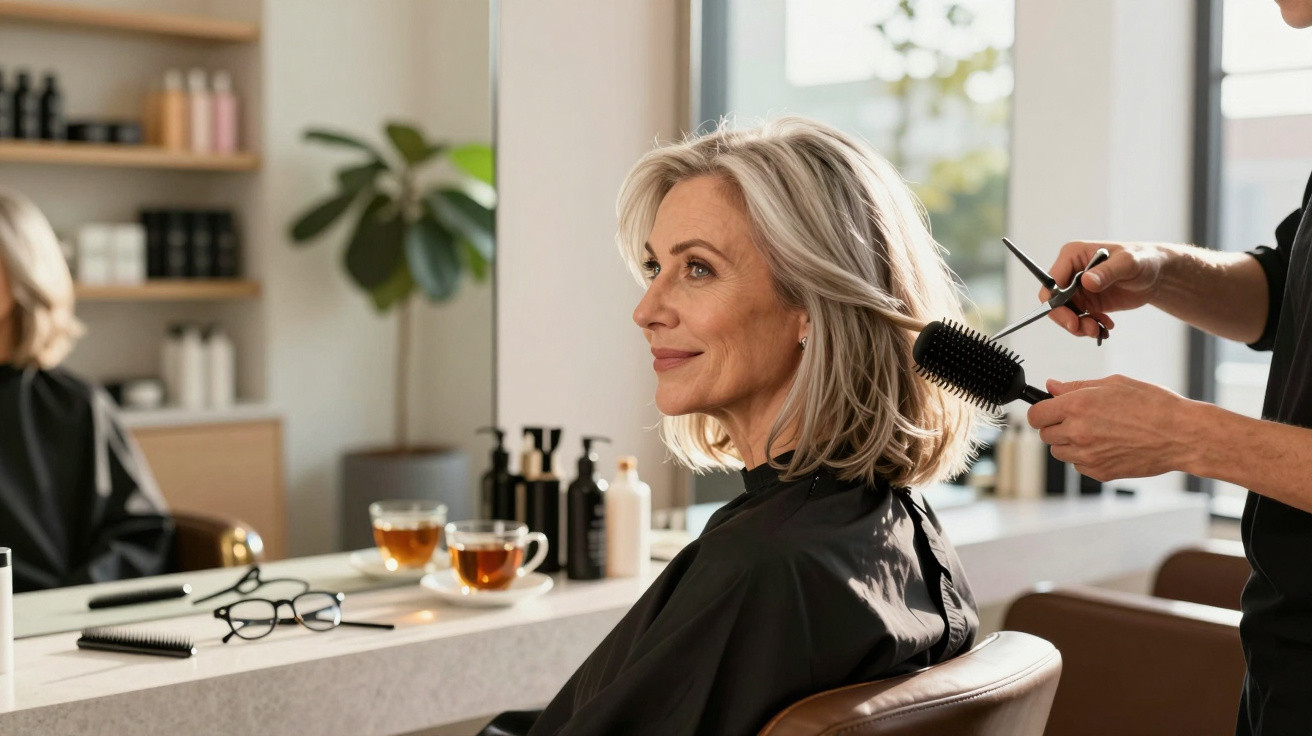 Middle-aged woman with blonde hair smiling while getting a hairbrush styling in a bright salon.