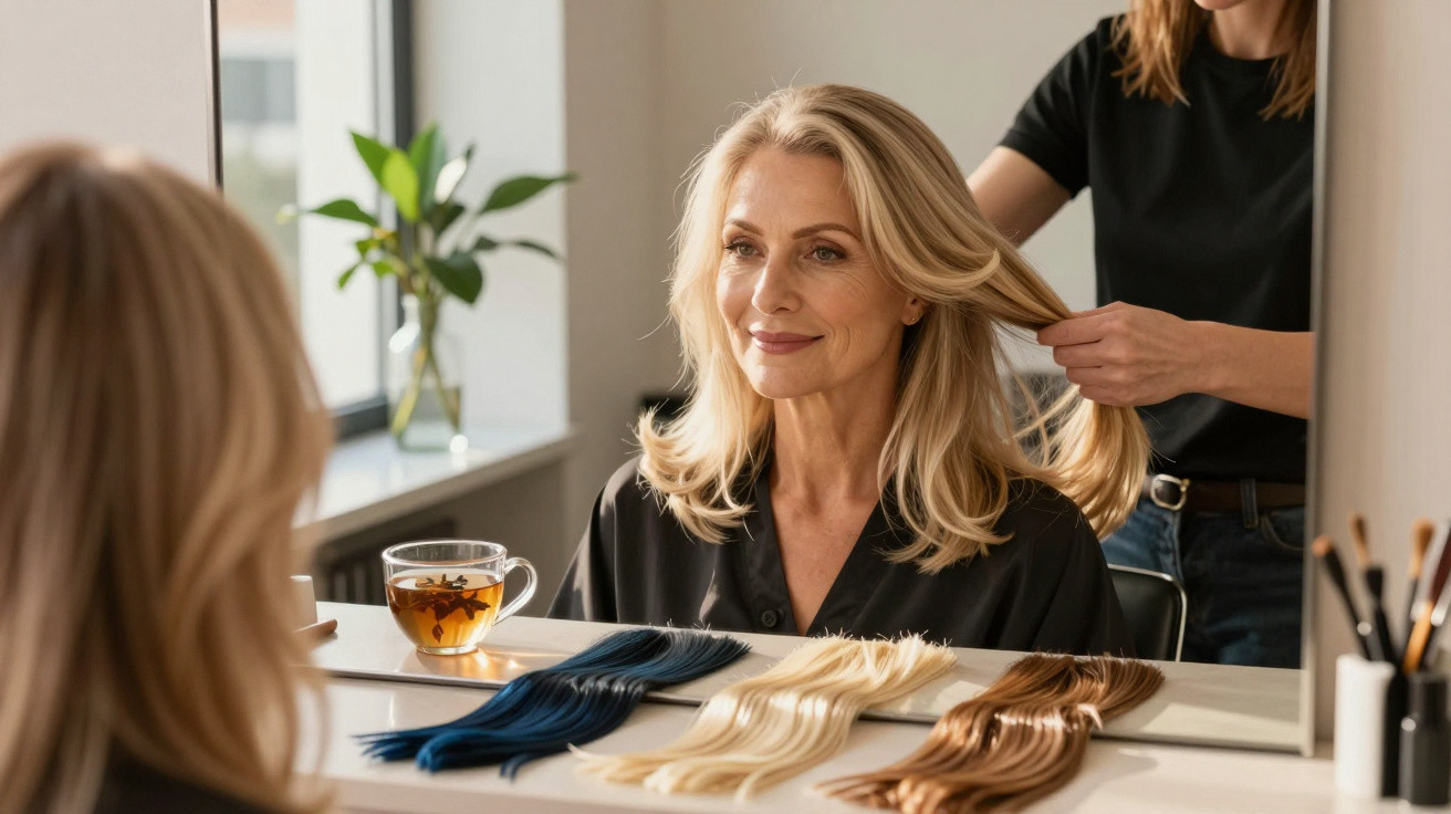 Middle-aged woman with blonde hair having her hair styled at a salon with hair colour samples and tea nearby.