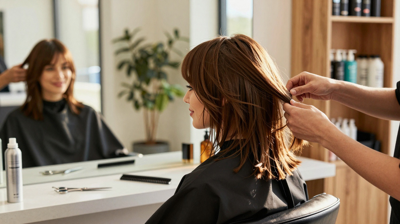Hairdresser styling a woman’s shoulder-length brown hair in a modern salon with mirrors and shelves.