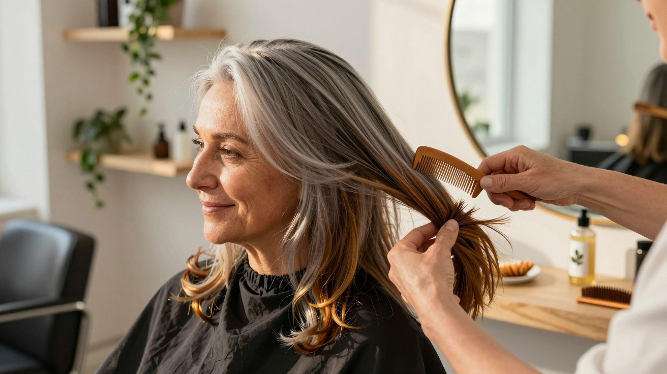 Hairdresser combing the long hair of a smiling middle-aged woman in a salon chair.