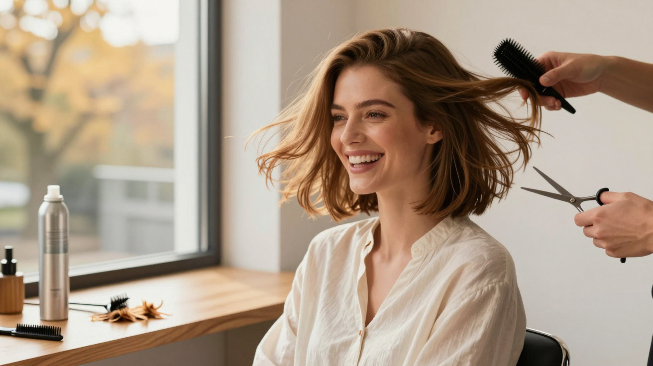 Smiling woman with shoulder-length hair getting a haircut in a bright salon near a window and wooden table.