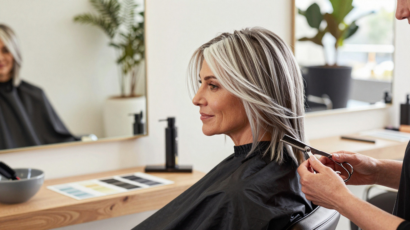 Middle-aged woman with silver hair getting a haircut at a modern salon, seated in front of a mirror.