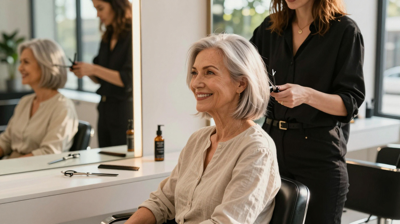 Smiling older woman with grey hair getting a haircut by a stylist in a bright modern salon.