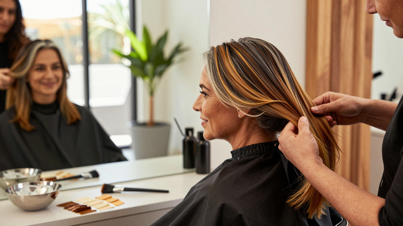 Woman sitting in a hair salon with a stylist holding her highlighted hair, looking at her reflection in the mirror.