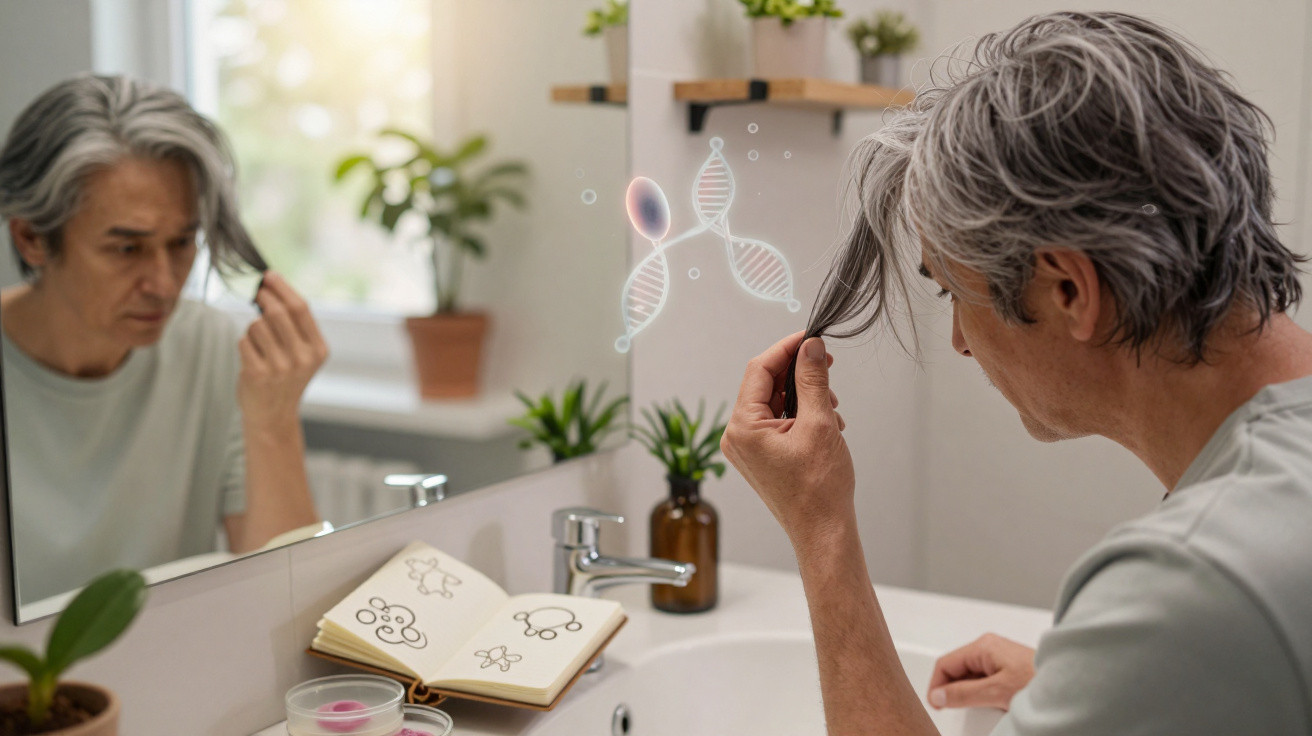 Middle-aged man examining thinning hair in bathroom mirror with DNA helix graphic overlay and open book.