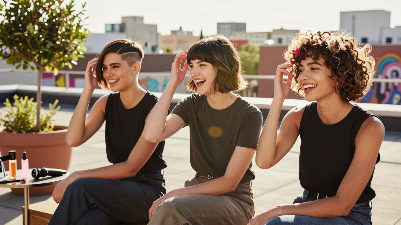 Three young women laughing and sitting outdoors on a sunny day with potted plants and city buildings in the background.