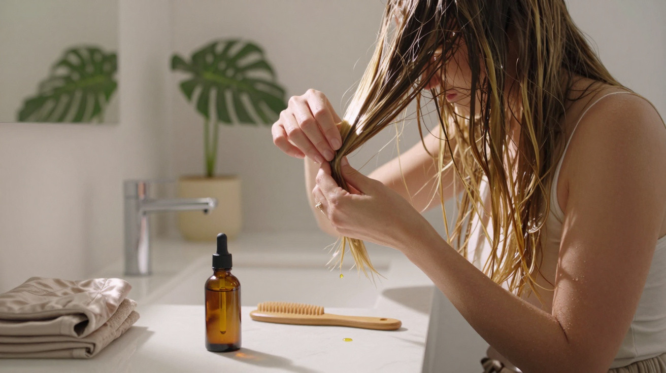 Woman applying hair oil to wet hair at a bathroom sink with a wooden comb and folded towels nearby.