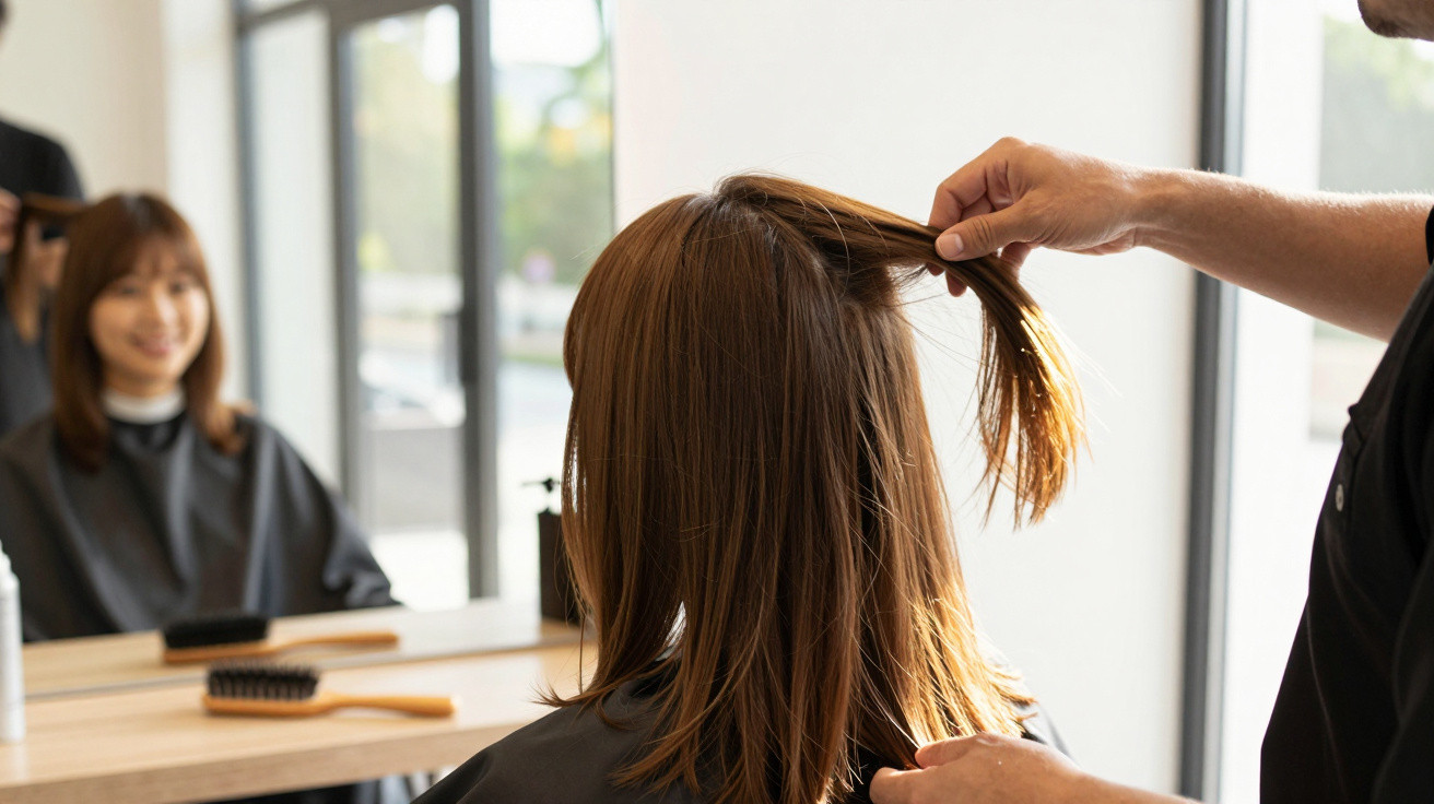 Hairdresser lifting a section of a customer's brown hair in a brightly lit salon with mirror in the background.