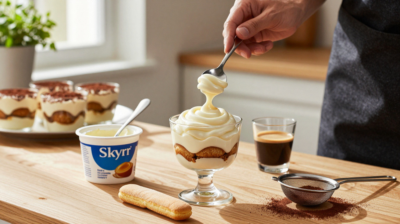 Hand spooning creamy dessert into glass with coffee, ladyfinger biscuit, sifted cocoa and Skyr yoghurt on table.