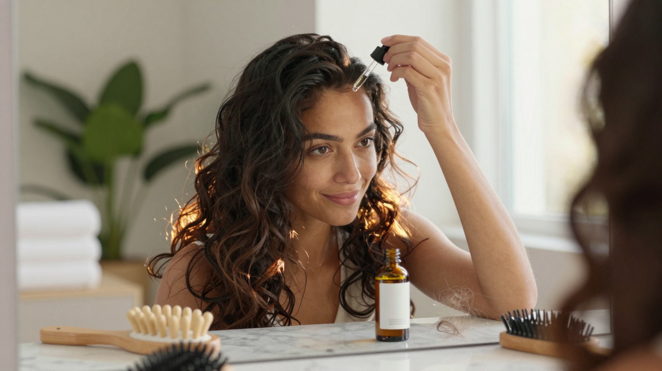 Woman with curly hair applying oil serum to her scalp using a dropper in front of a bathroom mirror.
