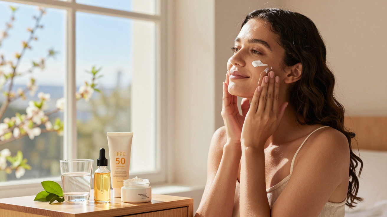 Young woman applying face cream near a sunlit window with skincare products on a wooden table.