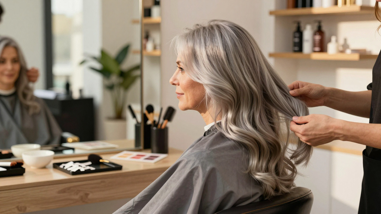 Middle-aged woman with long silver hair getting styled by hairdresser in a salon, sitting in a chair.