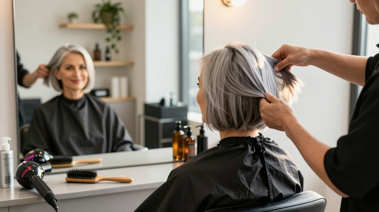 Woman with short grey hair getting a haircut from a stylist in a bright, modern salon with mirror and hair tools.