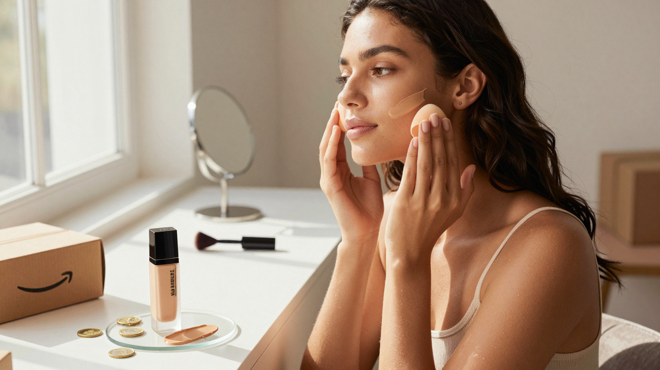 Woman applying liquid foundation with a makeup sponge at a bright vanity table by a window.