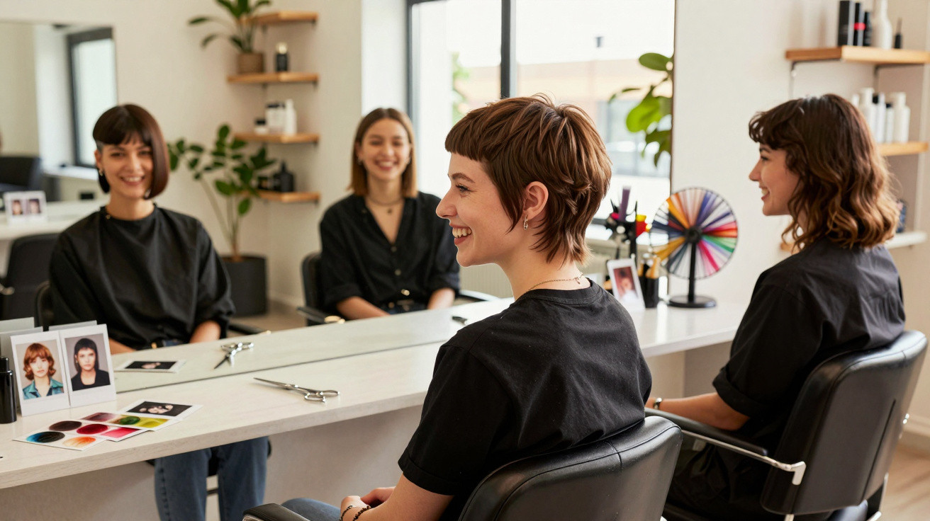 Young woman with short hair smiling in a salon chair, facing a mirror with two stylists in the background.