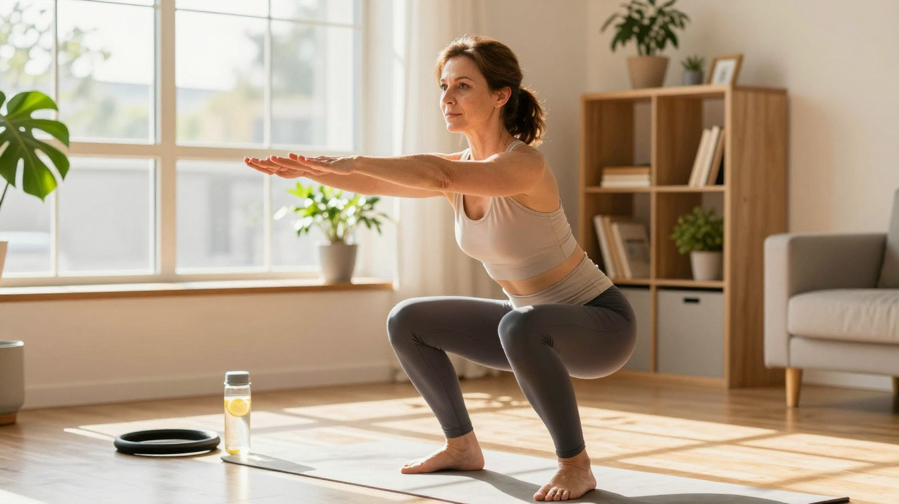 Woman in yoga attire doing a squat exercise on a mat in a sunlit living room with plants and shelves.