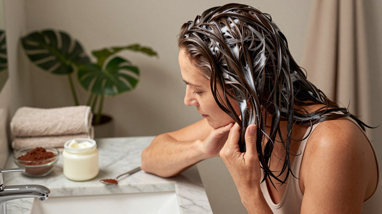 Woman applying hair conditioner to wet hair next to bathroom sink with towels and skincare products.