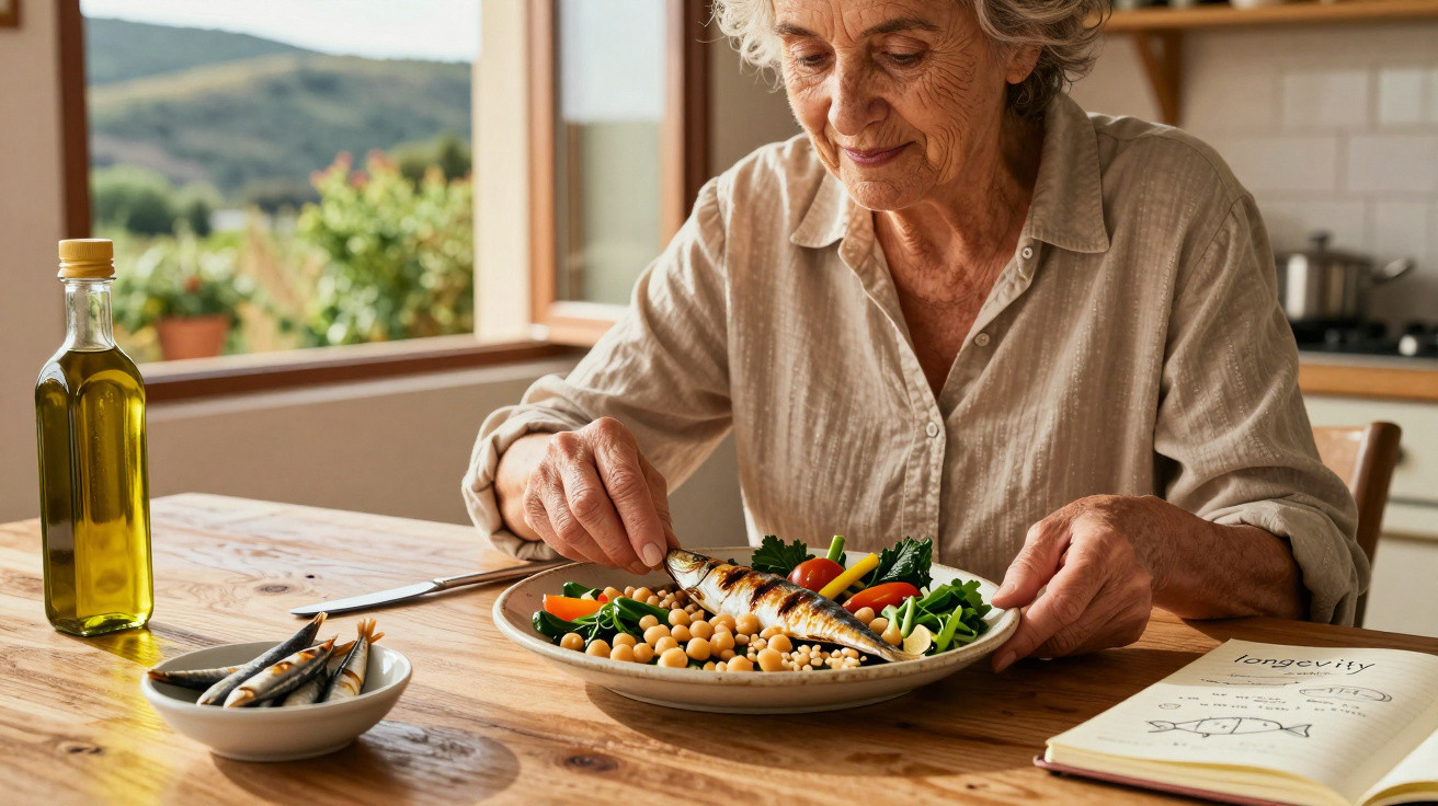 Elderly woman preparing a healthy meal with grilled fish, chickpeas, and vegetables at a kitchen table.
