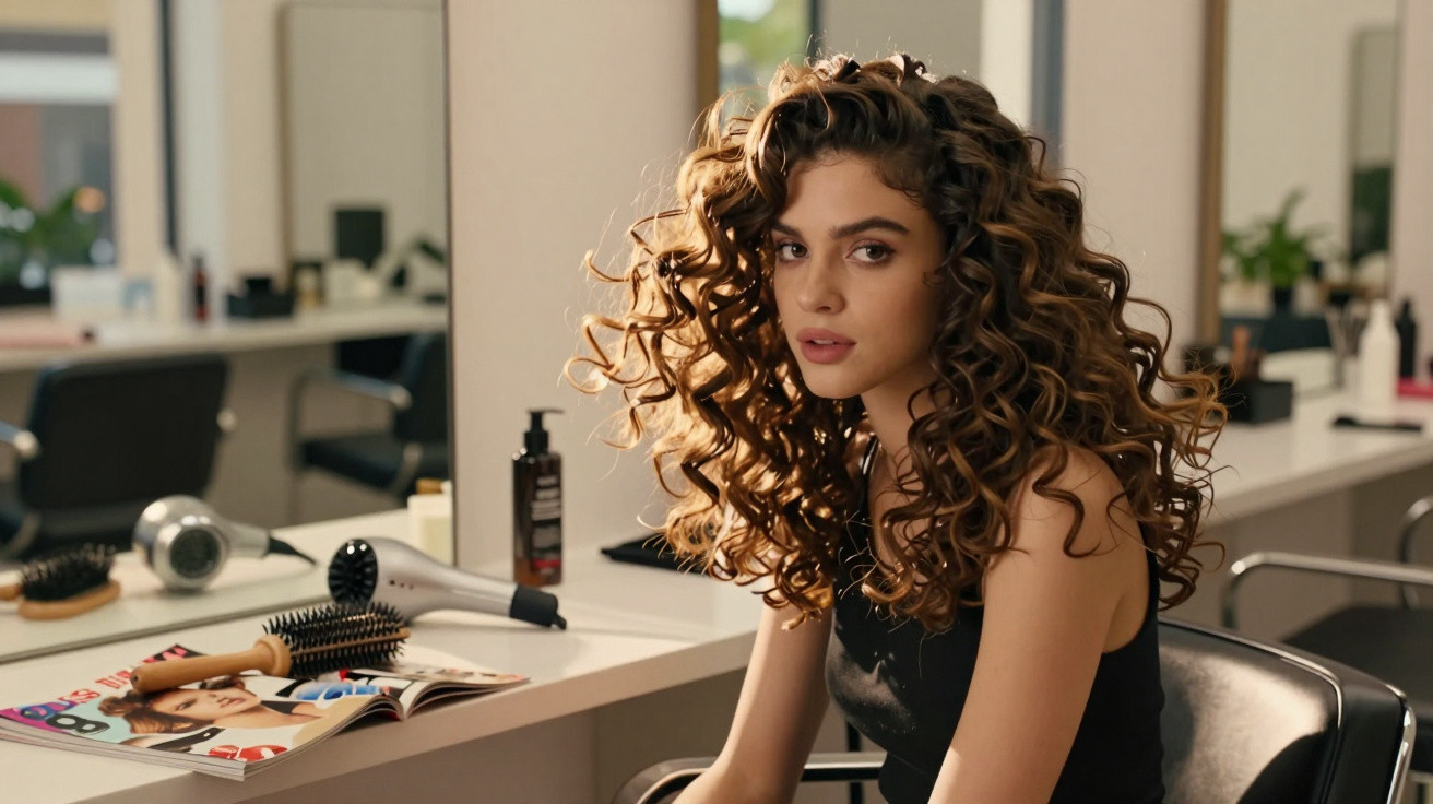 Young woman with voluminous curly hair sitting in a salon chair beside styling tools and magazines on the counter.