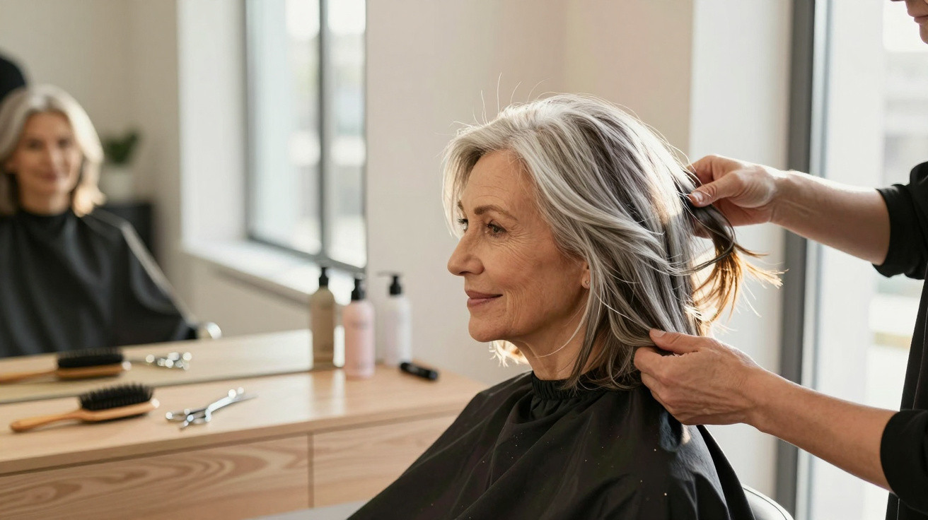 Older woman with grey hair having her hair styled at a salon, seated in front of a mirror with hair tools nearby.