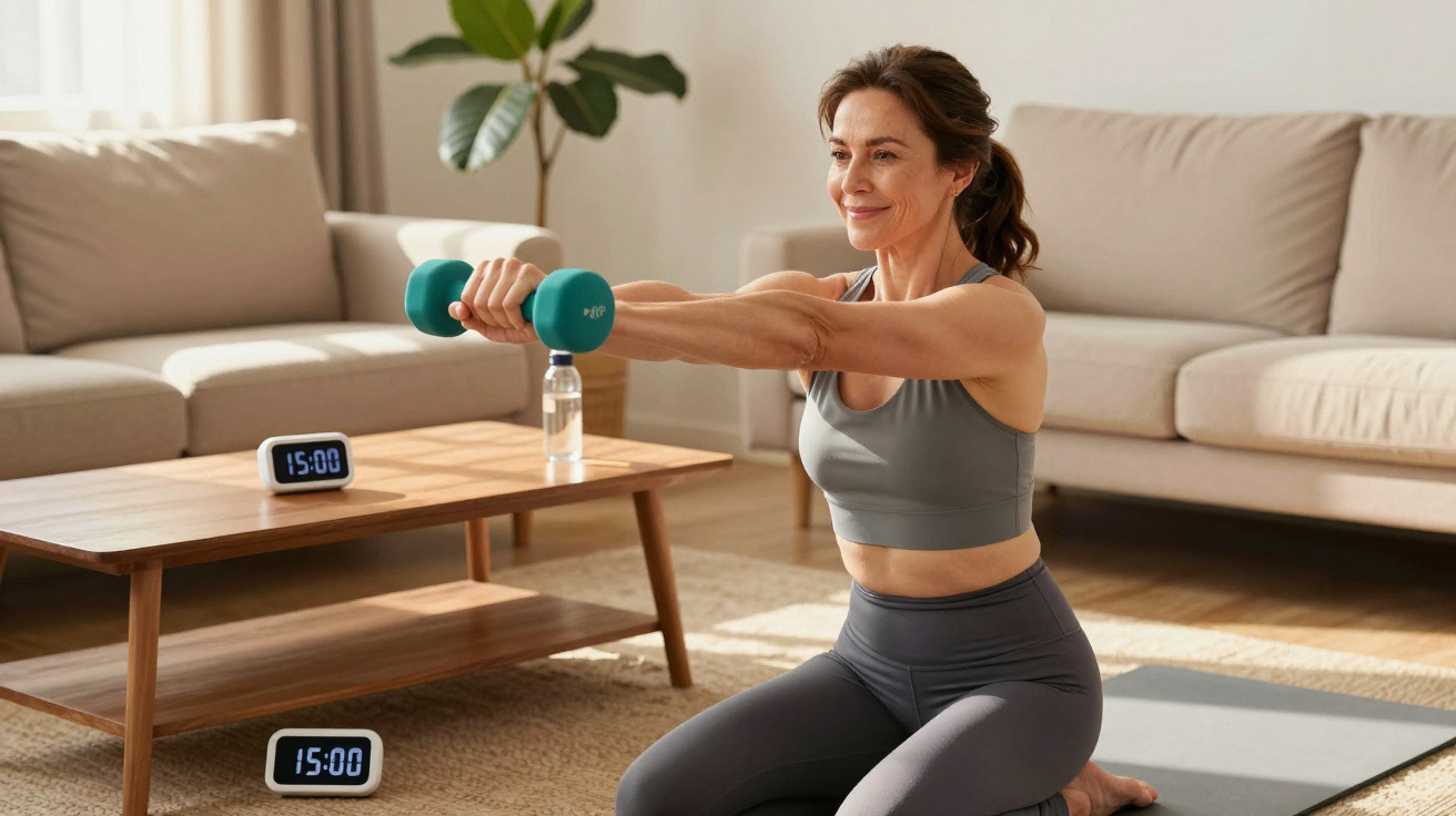 Woman exercising with dumbbells on a yoga mat in a living room with digital clocks showing 15:00.
