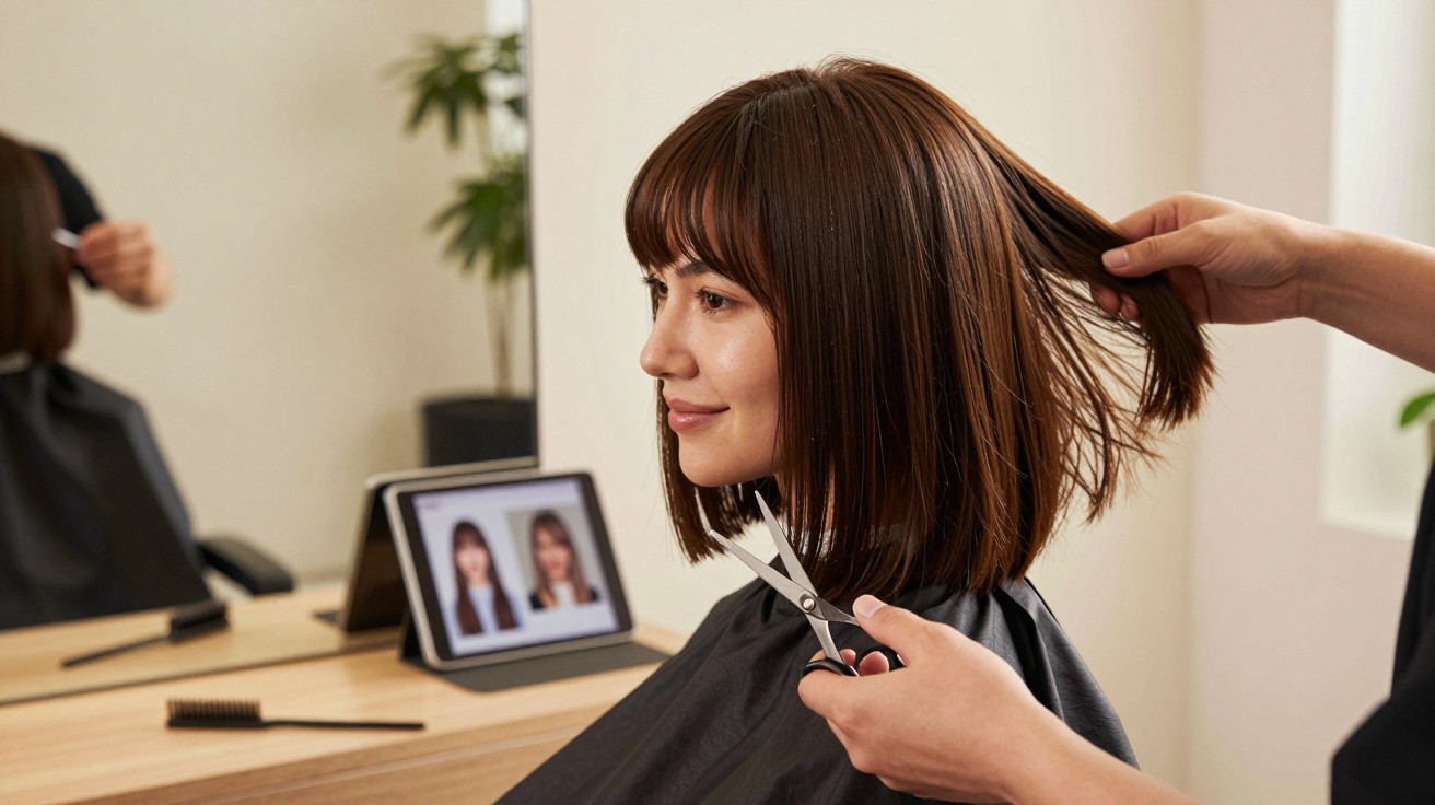Woman with brown bob haircut having her hair trimmed by a stylist in a modern salon.